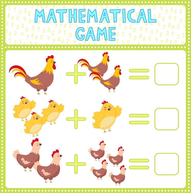 Mathematisches zählspiel für kinder können sie dieses lustige rätsel für kinder lösen? finden sie die richtige antwort. mathematik-vektor-aktivitätsseite und spiel. passende aufgabe mit hahnhuhn