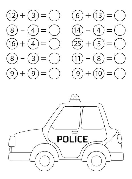 Vektor mathespiel für kinder subtraktion und addition von zahlen malbuch mit polizeiauto mini-aufgabe