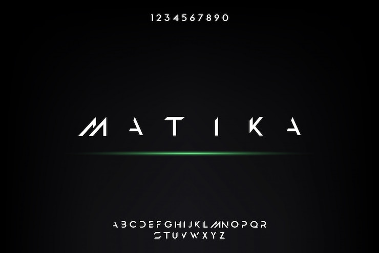 Vektor matika, eine abstrakte futuristische alphabetschrift mit technologiethema. modernes minimalistisches typografie-design