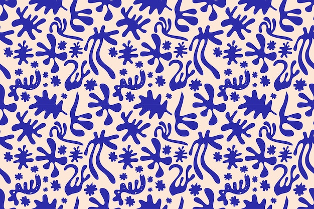 Matisse abstrakte Form nahtloses Muster. Ausgeschnittene Form von Algen und botanischen Blättern, Flecken im Muster. Organische Abstraktion in flacher blauer Farbe. Henri Matisse-Stil