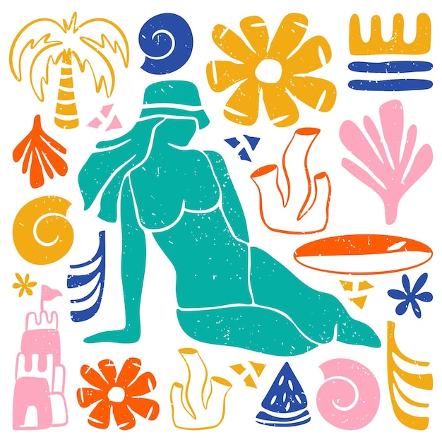 Matisse handgezeichnete Sommer-Kunst-Illustration, bunte abstrakte Formen aus der Mitte des Jahrhunderts