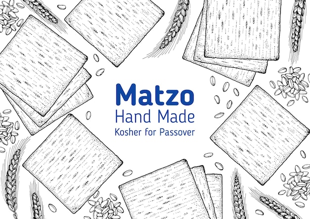 Matzo-kochen und zutaten für matzo-skizzenillustration. rahmen für die küche des nahen ostens. traditionelle designelemente für pessach-lebensmittel. handgezeichnetes menü- und verpackungsdesign. jüdisches essen