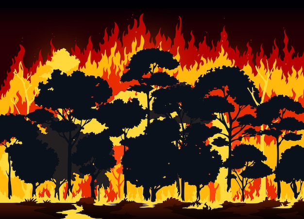 Vektor mauerbrand im wald, brennende bäume und boden