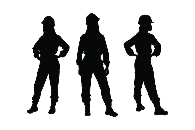 Maurerfrauen mit anonymen Gesichtern. Weibliche Maurer-Silhouette, Vektor auf weißem Hintergrund. Mädchen-Bauarbeiterin trägt Uniformen, Silhouettenbündel. Weibliche Maurer-Silhouetten-Kollektion