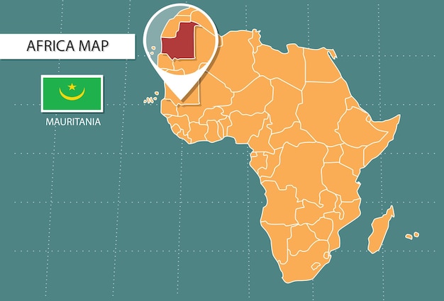 Mauretanien-karte in afrika-zoom-versionssymbolen, die den standort und die flaggen von mauretanien zeigen