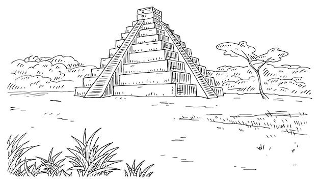 Vektor maya-pyramide und dschungel. vintage gravur schwarze illustration.