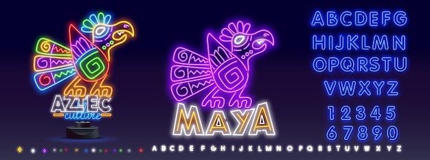 Maya-vogel fantastisches tier retro-ikon isoliertes gefiedertes tier vektor amerikanische aztek-kultur totem stammes-ethnisches maskottchen maya-kalender-symbol