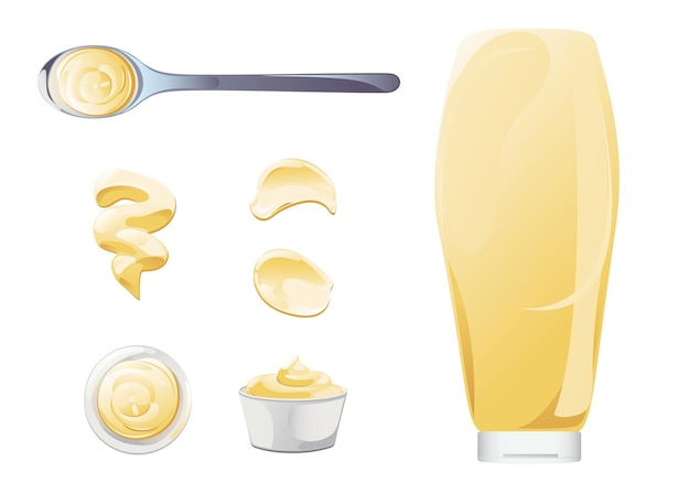 Mayonnaise in schüssel, flasche, flecken und spritzset. gewürz weiße soße-icon-set. draufsicht und vorderansicht-vektor-illustration.