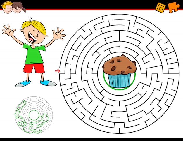 Maze-aktivitätsspiel für kinder mit jungen und muffin