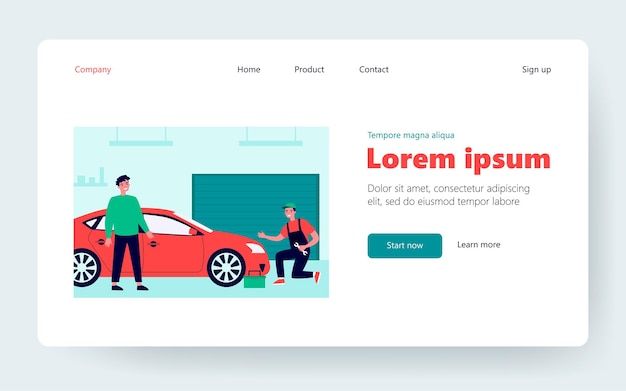 Mechaniker, der rotes auto überprüft und repariert arbeiter insgesamt mit schraubenschlüssel in der flachen vektorillustration der garage. transport, wartung, servicekonzept für banner, website-design oder landing-webseite