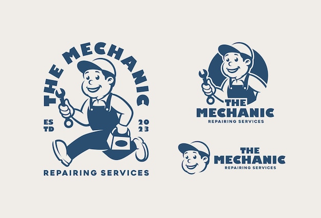 Vektor mechaniker, handwerker, reparaturmann logo für den service reparatur oder wartung logo vintage cartoon maskottchen