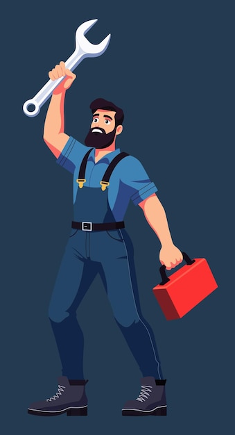 Mechaniker mit Schraubenschlüssel und Werkzeugkasten in blauem Overall