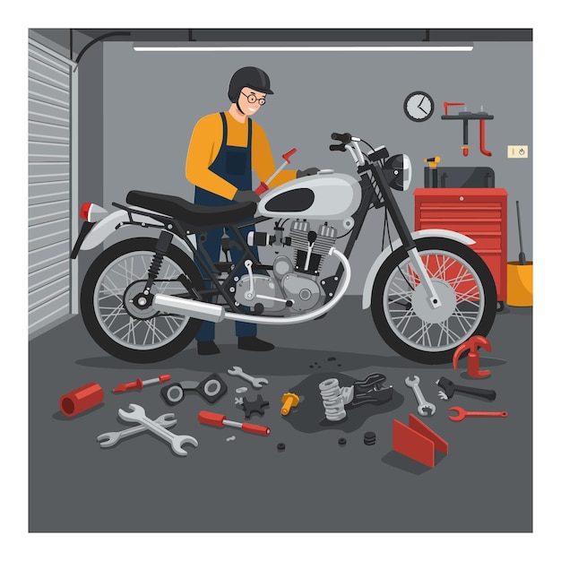 Mechaniker repariert ein Motorrad in einer gut ausgestatteten Werkstatt