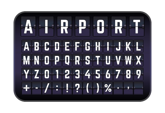 Vektor mechanische flip-board-panel-schrift am flughafen, weiße buchstaben auf dunklem hintergrund