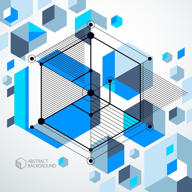 Mechanisches schema, blaue vektorkonstruktionszeichnung mit 3d-würfeln und geometrischen elementen. technische technologische tapete aus waben.