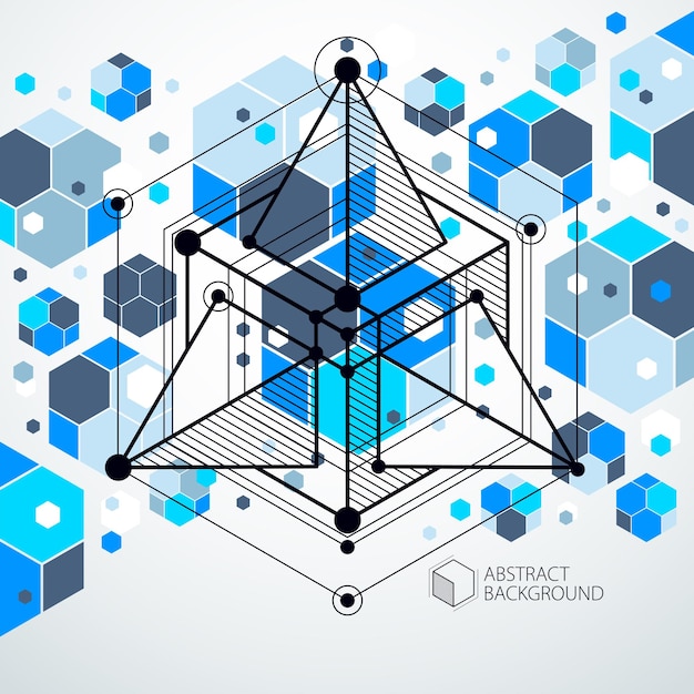 Mechanisches Schema, blaue Vektorkonstruktionszeichnung mit 3D-Würfeln und geometrischen Elementen. Technische technologische Tapete aus Waben.