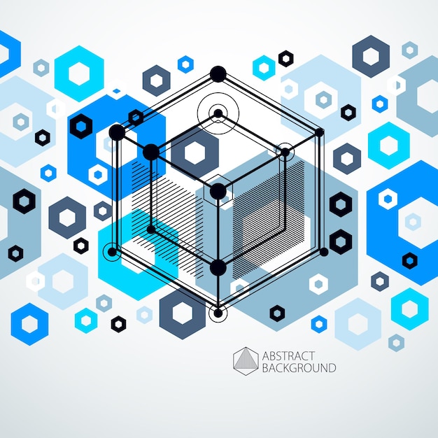 Mechanisches schema, blaue vektorkonstruktionszeichnung mit 3d-würfeln und geometrischen elementen. technische technologische tapete aus waben.