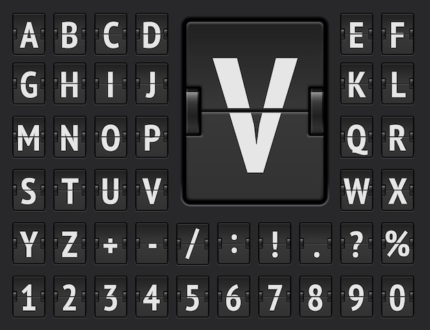 Vektor mechanisches scoreboard-alphabet des flughafenterminals mit zahlen zum anzeigen von abflug- oder ankunftsinformationen. schwarze flip-board-normalschrift zur anzeige von ziel- und fahrplanvektorillustrationen