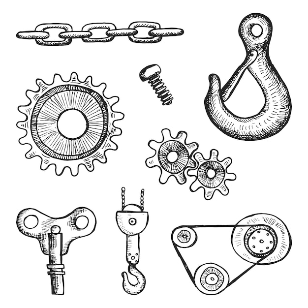 Mechanismen und Maschinenteile metallischer Vektorsatz