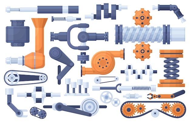 Vektor mechanismus teile maschinenfabrik motor industrielle elemente technische zahnräder und getriebemechanik vektor-illustrationsset maschinenritzel und adapter abbildung der teilmotormaschine