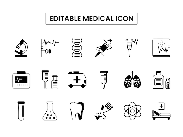 Medical Line Icon Set enthält Stethoskop Krankenwagen Arzt Spritze Serum Erste-Hilfe-Kit