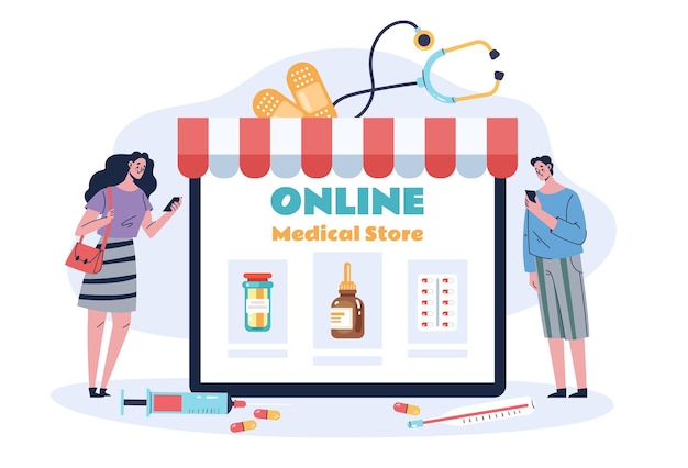 Medikamente, apotheke, bestellen, app, einzelhandel, online, medizinisches konzept, grafik, design, illustration