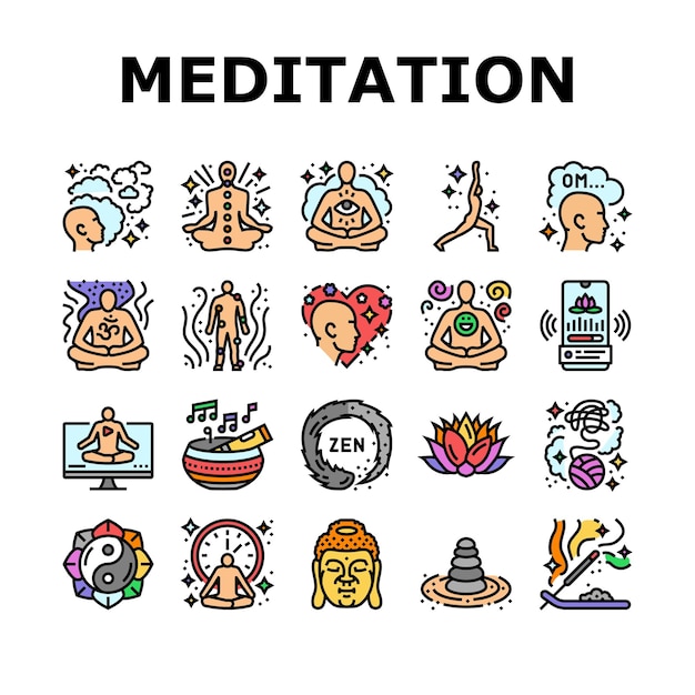 Meditation Yoga Entspannung Zen Ikonen Set Vektor