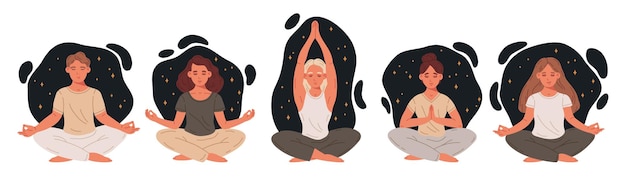 Vektor meditierende menschen mann und frau in yoga-lotus-pose meditationsübung und stressentlastung flachvektor-illustrationssatz meditation und atemübung