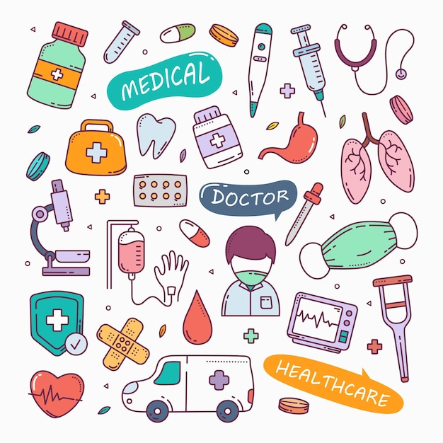 Vektor medizin und gesundheitswesen kritzelt hand gezeichnete symbolsatzillustration