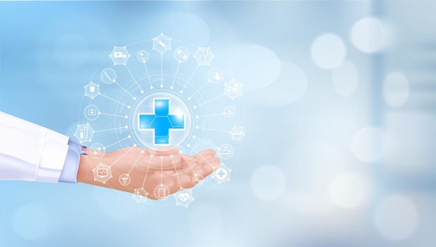 Medizinarzt mit blauem medizinischem Zeichen in der Hand und Symbol für medizinische Netzwerkverbindung