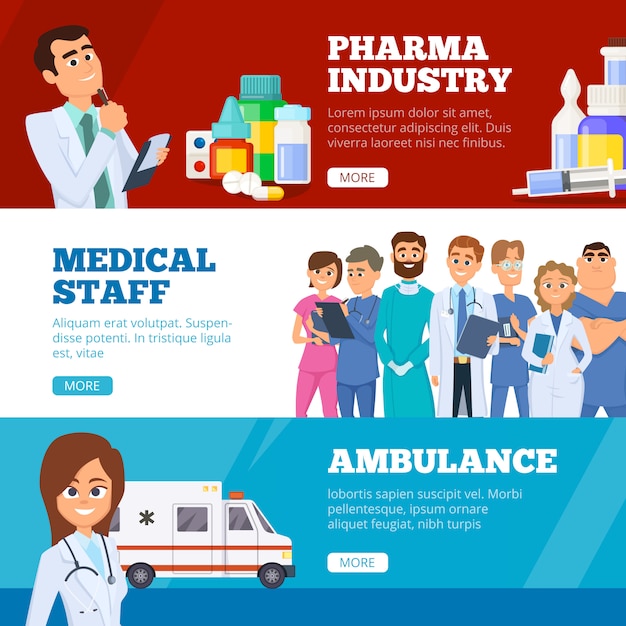 Medizinische banner. ärzte krankenwagen und pharmaindustrie medikamente flat web online-banner