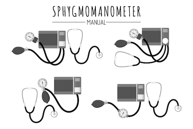 Medizinische diagnosegeräte zur kontrolle des blutdrucks manuelle blutdruckmessgeräte oder sphygmomanometer. isolierte illustration der vektorkarikatur auf weißem hintergrund. medizinisches konzept.