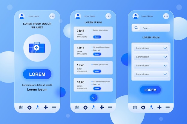 Medizinische Dienstleistungen Glasmorphes Design neumorphische Elemente Kit für mobile App UI UX GUI Bildschirme eingestellt