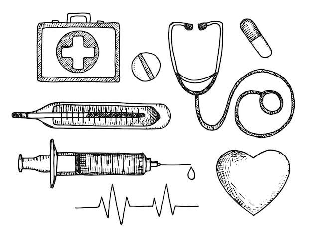 Vektor medizinische erste-hilfe-set mit zubehör vektorhandzeichnung
