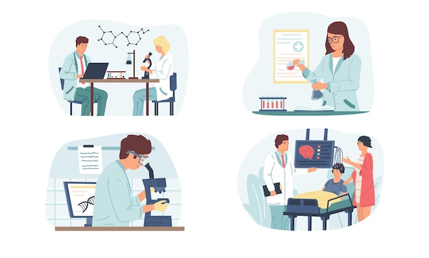 Vektor medizinische forschung cartoon-mann und -frau arbeiten mit mikroskoplaborgeräten arztuntersuchungen patientengesundheit und medizin vektorwissenschaftler untersuchen chromosomen oder moleküle