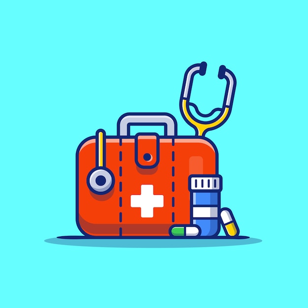 Medizinische gesundheit tasche, stethoskop, glas und pillen cartoon icon illustration. healthcare medicine icon concept isolierte prämie. flacher cartoon-stil