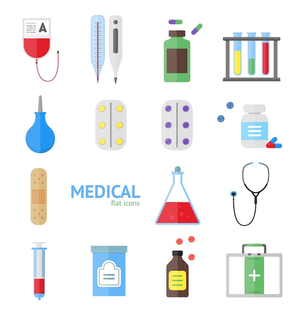 Medizinische Gesundheitsausrüstung Icon Set auf einem hellen Hintergrund.