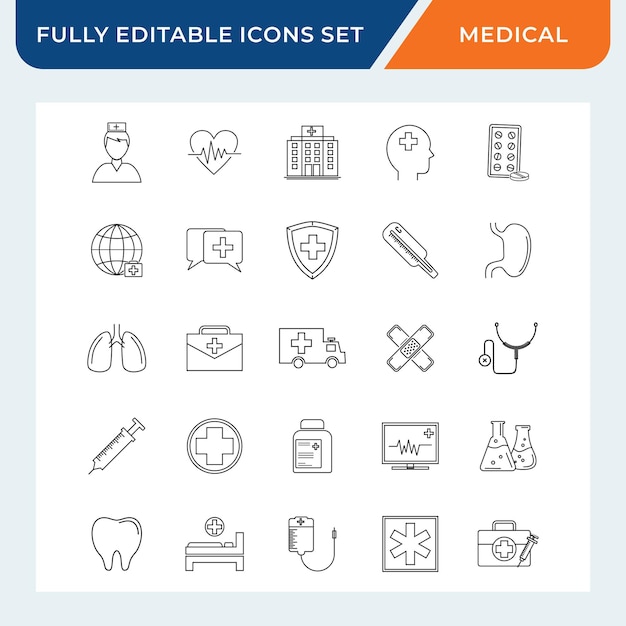 medizinische Gesundheitslinie-Symbolensatz Gesundheitssymbolensammlung mit bearbeitbarem Stroke