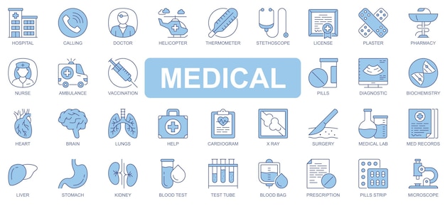 Medizinische Ikonen in Duotone-Umriss-Strich-Design für das Web Pack-Piktogramme von Krankenhausarzt Hubschrauber Thermometer Stethoskop Lizenz Apotheke Krankenschwester Krankenwagen andere Vektor-Illustration
