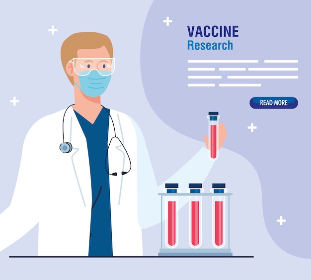 Medizinische impfstoffforschung, arzt mit röhrentest in wissenschaftlicher viruspräventionsstudie.