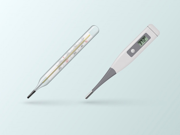 Medizinische Thermometer zur Bestimmung der Körpertemperatur des Menschen. Quecksilber und elektronische Thermometer.
