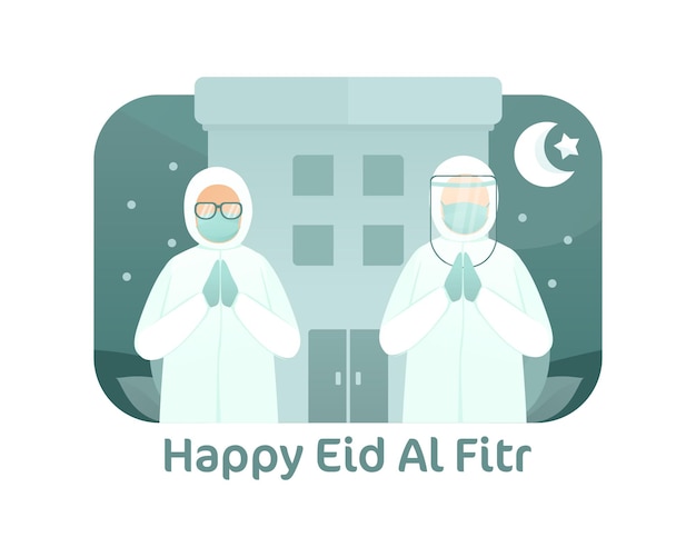 Medizinischer arbeiter feiern eid al fitr illustration