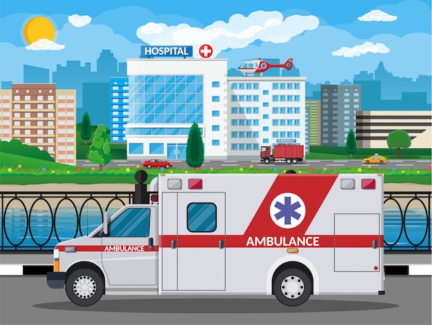 Medizinischer hintergrund des krankenhausgebäudes. gesundheitskrankenhaus und medizinische diagnostik. dringlichkeits- und rettungsdienste. stadtbildstraßenflusshimmel-sonnenbaum. auto und hubschrauber. illustration flachen stil