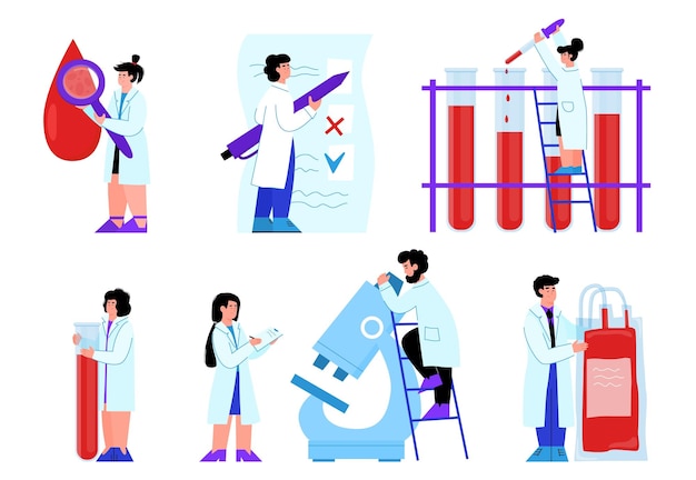 Vektor medizinisches blutforschungsset mit isolierter menschenkarikaturvektorillustration