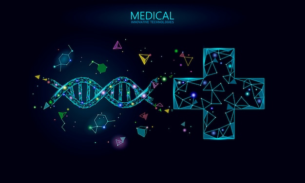 Medizinisches Cross-DNA-Gentherapiekonzept. Ärztliche Beratung App. Geometrisches modernes Krankenhausnetzwerkbanner der Webgesundheitsdiagnose. Drogerie Markt Hintergrund Low Poly