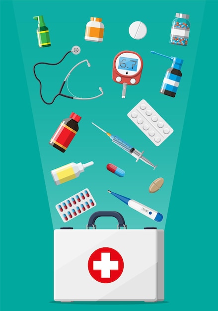 Medizinisches Erste-Hilfe-Set mit verschiedenen Pillen und medizinischen Geräten. Medizinische Werkzeuge, Medikamente, Stethoskop, Spritze, Glukometer, Thermometer. Diagnostik im Gesundheitswesen. Dringlichkeit Notfall. Flache Vektorillustration