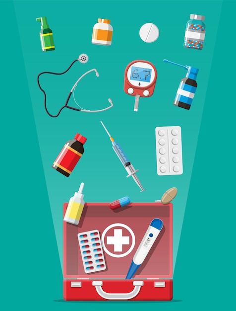 Medizinisches Erste-Hilfe-Set mit verschiedenen Pillen und medizinischen Geräten Medizinische Werkzeuge Medikamente Stethoskop Spritze Glukometer Thermometer Diagnostik im Gesundheitswesen Dringlichkeitsnotfall Flache Vektorgrafik