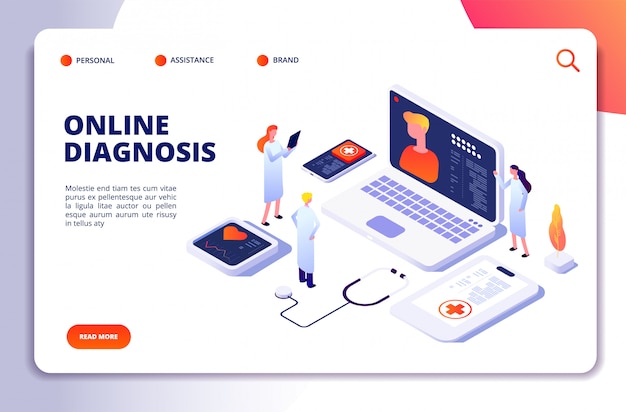Medizinisches isometrisches Konzept. Diagnose mit Online-Patient und Arzt, Telemedizin-Untersuchung. Landingpage für das Gesundheitswesen