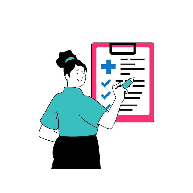 Medizinisches Konzept mit Cartoon-Menschen in flachem Design für das Web. Frau arbeitet als Ärztin und macht sich Notizen in Patientendatensätzen. Vektorillustration für Social-Media-Banner-Marketingmaterial