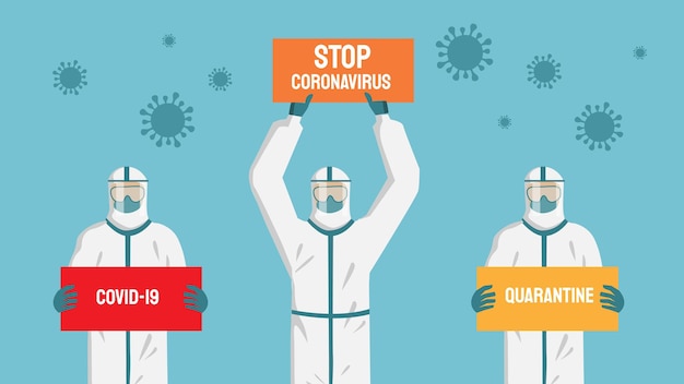 Medizinisches personal von ärzten in persönlicher schutzausrüstung. stoppen sie den konzeptvektor der coronavirus-epidemie